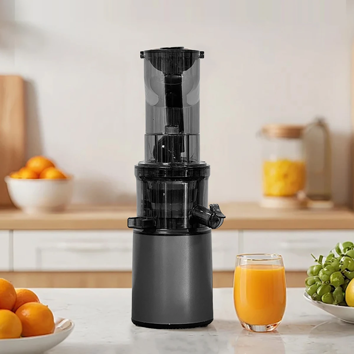 Premium Cold Press Slow Juicer - Full View with Orange and Green Juice