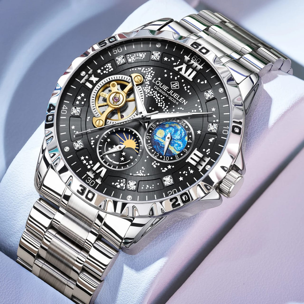Men's Luxury Automatic Tourbillon Watch - Black Dial Side View