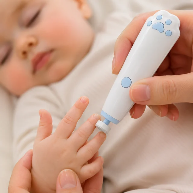 Electric baby nail grinder in use on sleeping baby