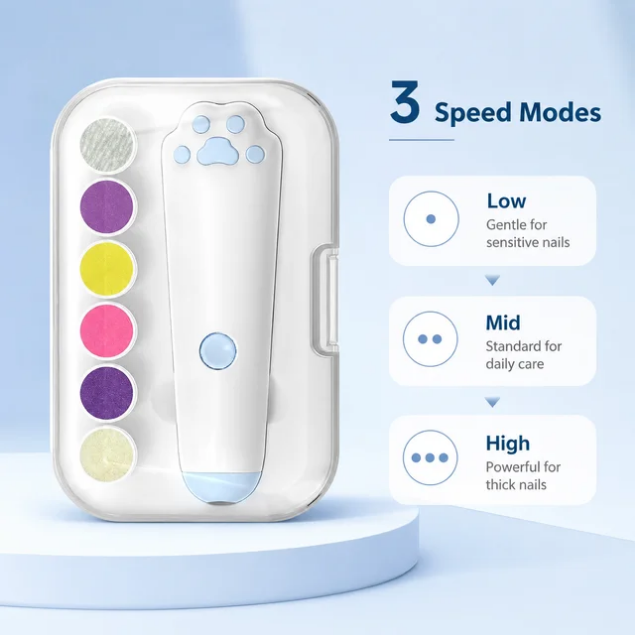 Baby nail grinder 3 speed modes with 6 colour grinding heads